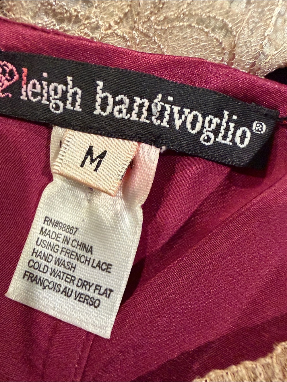 Leigh Bantivoglio -Cranberry Silk Chemise with Champagne Lace Trim - Picture 9 of 10